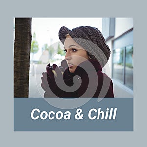 Composite of coca and chill text over caucasian woman in wam winter clothes