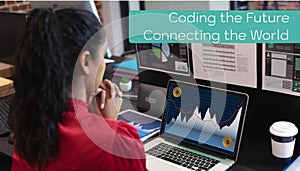 Composite of coding the future, connecting the world text over businesswoman with laptop