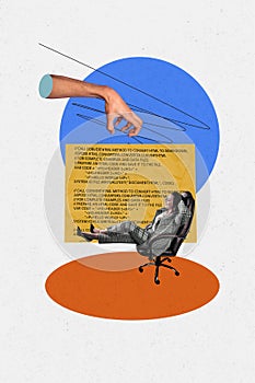 Composite collage artwork sketch image of young manager lady agent rela in office armchair huge hand fly in air text