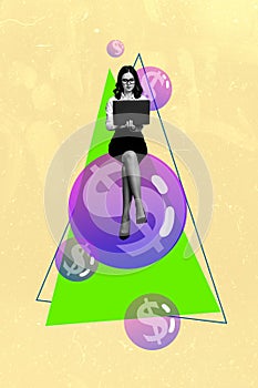 Composite collage of business woman work laptop hold in hand sit on huge bubble money dollar usd symbol coin arrow go up