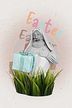 Composite collage of cute old man rabbit costume receive present celebrate easter invitation postcard bizarre unusual