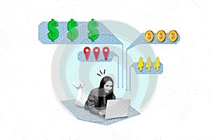 Composite collage design of young worker lady online banking payment operation eshopping internet finance commerce