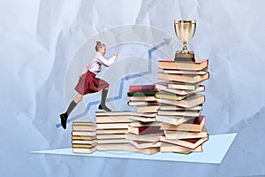 Composite collage of funny young schoolgirl run diligent academic prize first place golden cup stack books  on