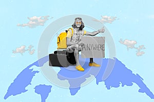 Composite collage graphics sketch photo of hippie man sit planet catch vehicle go adventure travel isolated on painting