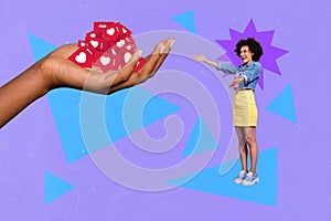 Composite collage illustration of excited mini girl receive big arm hold like notifications facebook instagram whatsup photo