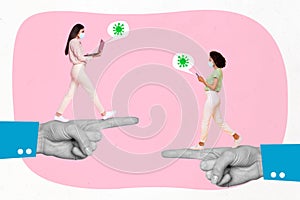 Composite collage illustration of two girls black white colors step walk big arm point finger isolated on creative