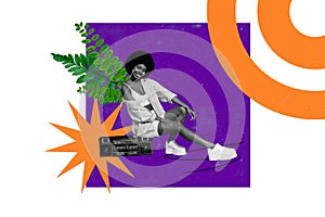 Composite collage image of american girl sit boombox recorder retro leaves branch herbs leisure music relax isolated on