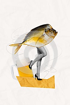 Composite collage image of beer mug salty fish woman legs high heels shoes bar cook eat food surrealism template