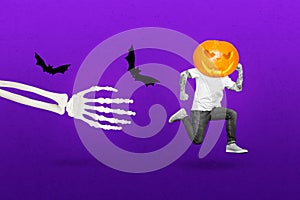 Composite collage image of big skeleton arm chasing catch mini running guy black white gamma carved pumpkin instead head