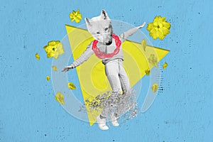 Composite collage image of black white effect carefree girl dog head dancing fresh flowers isolated on blue background