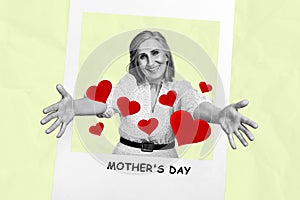 Composite collage image of charming old woman photo frame want hug stretch hands mother day celebration concept weird