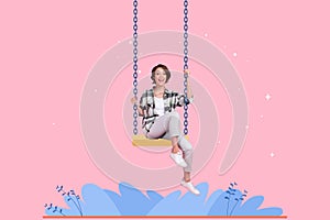 Composite collage image of cheerful carefree girl sit swing painted flower isolated on creative pink background