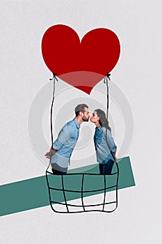 Composite collage image of cute couple kiss air balloon flying valentine day dating love concept billboard comics zine
