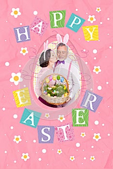 Composite collage image of cute old marriage kiss cheek celebrate easter holiday traditional invitation billboard comics