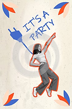 Composite collage image of dancing tiptoes boogie woogie young funny woman plug enjoy party discotheque have fun poster