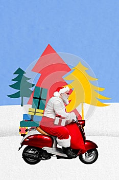 Composite collage image of driving scooter moped funny santa claus old man delivering happy merry christmas new year