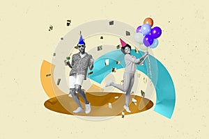 Composite collage image of excited youth people young man female dancing party discotheque hold air balloons have fun