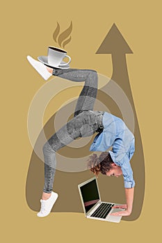 Composite collage image of flexible young woman working remotely laptop online internet hold coffee tea cup busy