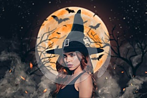 Composite collage image of frightening conjurer girl cone hat huge moon light flying bats isolated on dark forest