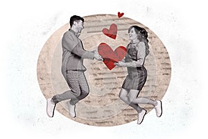 Composite collage image of funny couple jump have fun valentine day love dating concept magazine surrealism metaphor