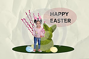 Composite collage image of funny cute girl bunny ears rabbit grass bush easter concept weird freak bizarre unusual