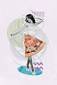 Composite collage image of funny female gorgeous fashion pizza skirt fashion outfit defile shopping weird freak bizarre