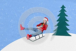 Composite collage image of funny female have fun sledge slope forest tree park outside happy merry christmas new year