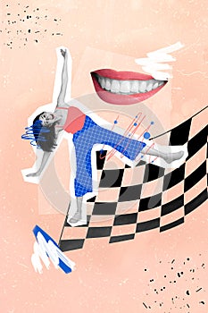 Composite collage image of funny funky young woman fantastic dream wonderland floor chessboard smiling toothy flying