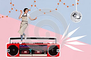 Composite collage image of funny girl dance boombox enjoy friday discotheque weird freak bizarre unusual fantasy
