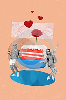 Composite collage image of funny positive couple dance summer vacation cake dating concept valentine day fantasy