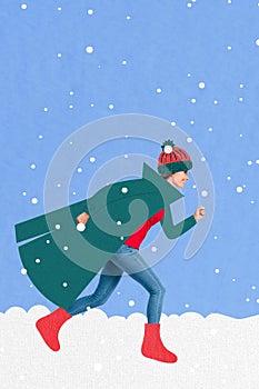 Composite collage image of funny running girl snowy weather warm clothes hat coat happy merry christmas new year theme x