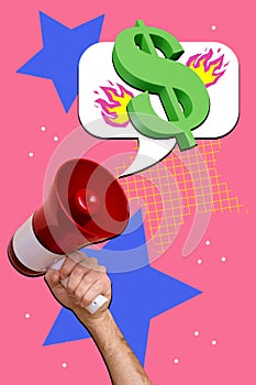 Composite collage image of hand hold megaphone announcement dollar sign earning money billboard comics zine minimal