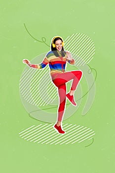 Composite collage image of happy funny young girl student earphones favorite song radio have fun enjoy dancing isolated