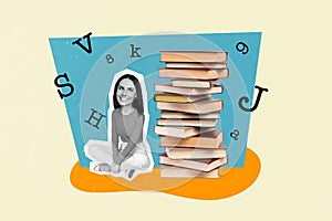 Composite collage image of mini black white colors girl big pile stack book letters numbers isolated on painted