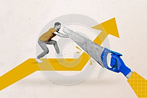 Composite collage image of mini black white effect guy hands protect defend big arm hold saw cut growing arrow upwards