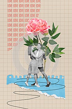Composite collage image of positive couple dance waltz disco party peony flower dating concept valentine day fantasy