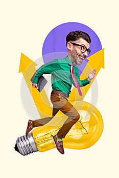 Composite collage image of running fast hurry man electric bulb clever laptop arrows businessman excited entrepreneur