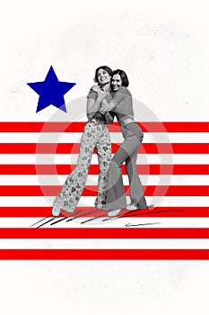 Composite collage image of two cute friends girls national independence america day fourth july concept bizarre unusual