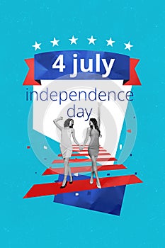 Composite collage image of two pretty girls party national independence america day fourth july concept bizarre unusual