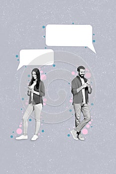 Composite collage image of young man woman dating application messenger chatting speech bubble dialog couple distance