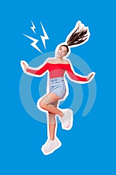 Composite collage photo of young carefree jumping lady wearing summer clothes mini shorts celebrate sale isolated over photo