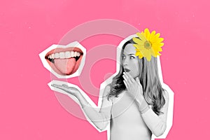 Composite collage picture image of amazed female mouth tongue out stick puzzle flower nature unusual fantasy billboard