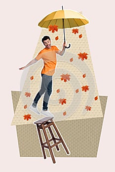 Composite collage picture image of autumn season fall leaves funny flying man umbrella weird freak bizarre unusual