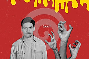 Composite collage picture image of bored young man hands zombie catch terrible scare terrify happy halloween billboard photo