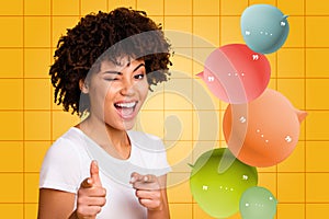 Composite collage picture image of cheerful girl point you female speech bubble communication concept fantasy billboard