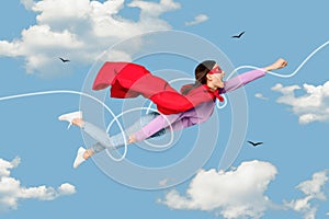 Composite collage picture image of confident dreamy flying woman superhero cape mask soar blue sky clouds business start