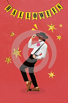 Composite collage picture image of dancing cool funny guy halloween party have fun stars muerto caballero sombrero photo