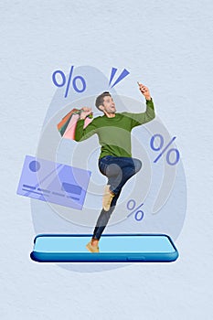 Composite collage picture image of energetic excited young man hold shopping bags telephone device screen ecommerce have