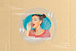 Composite collage picture image of female share cover mouth speech bubble communication concept fantasy billboard comics