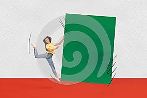 Composite collage picture image of funny energetic female dance green triangle advert copyspace bizarre unusual fantasy